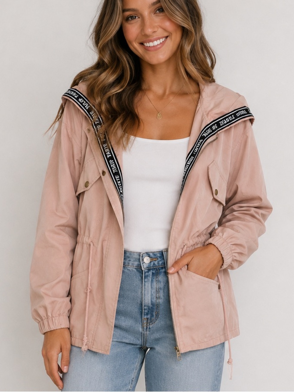 NWOT SHEIN Dusty Pink Hooded Utility Jacket with Branded Trim